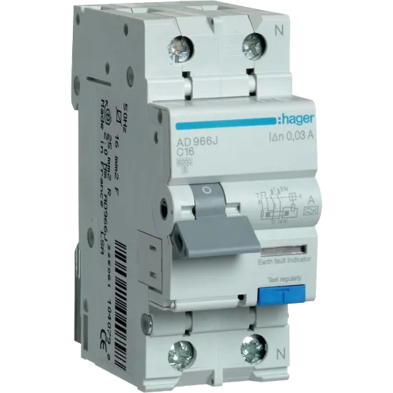  Зображення Hager Hager 1+N С16/30mA 6кА, тип-A AD966J 